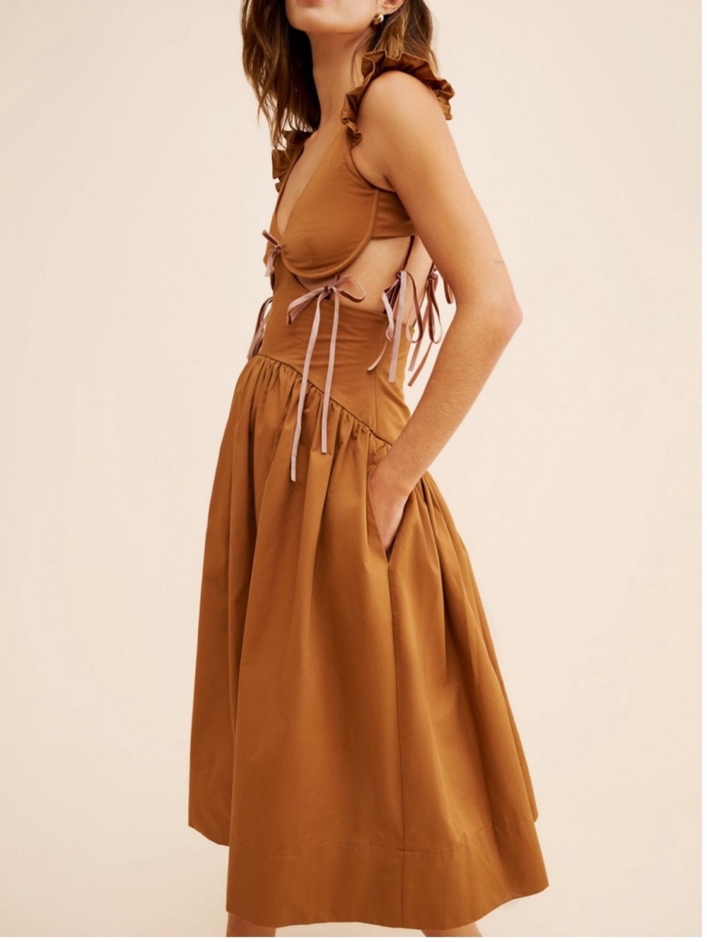 Allinaliu Brown Sleeveless Midi Dress with Tie-Side Details and Corset